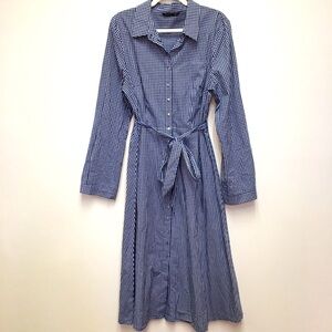 Felicity & Coco Gingham Long Sleeve Midi Shirt Dress XL Blue 100% Cotton Preppy